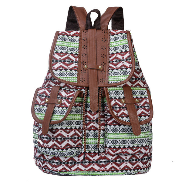 Elosung 1 Sets Of Green Bohemian Style Canvas Backpack Tribal Pattern Travel Bag With Leather Straps Women Backpacks
