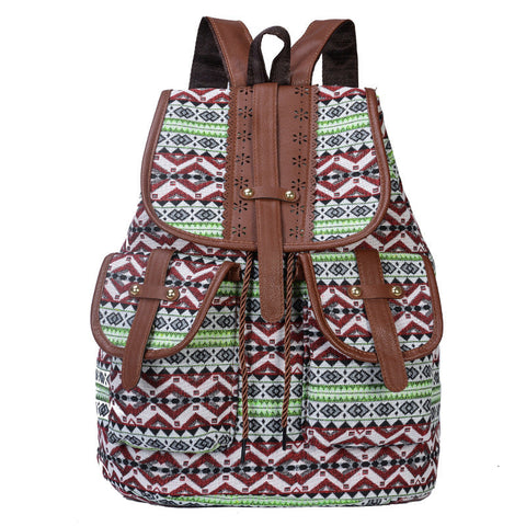 Elosung Green Bohemian Style Canvas Backpack Tribal Pattern Travel Bag With Leather Straps Women Backpacks