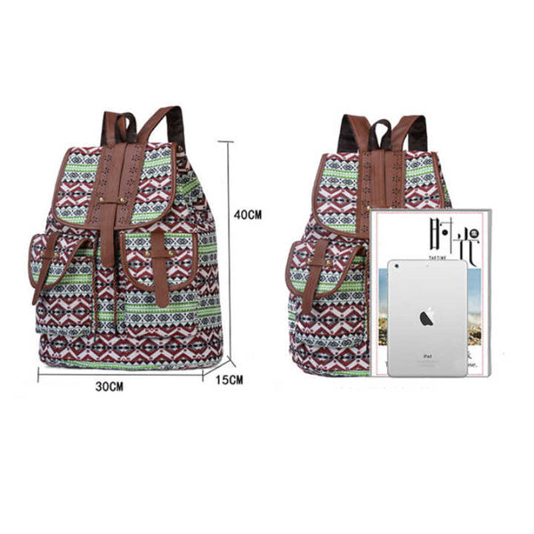 Elosung 1 Sets Of Green Bohemian Style Canvas Backpack Tribal Pattern Travel Bag With Leather Straps Women Backpacks