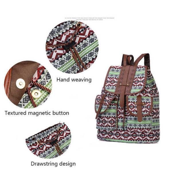 Elosung 1 Sets Of Green Bohemian Style Canvas Backpack Tribal Pattern Travel Bag With Leather Straps Women Backpacks