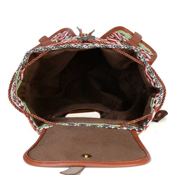 Elosung 1 Sets Of Green Bohemian Style Canvas Backpack Tribal Pattern Travel Bag With Leather Straps Women Backpacks