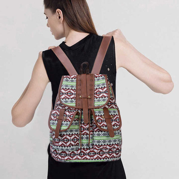 Elosung 1 Sets Of Green Bohemian Style Canvas Backpack Tribal Pattern Travel Bag With Leather Straps Women Backpacks