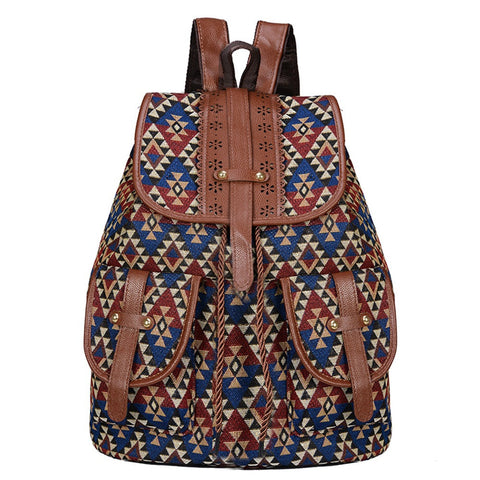 Lozenge Pattern Bohemian Style Canvas Backpack Tribal Travel Bag With Leather Straps Women Backpacks