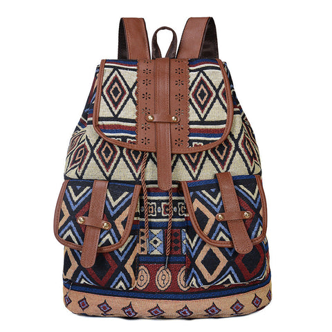 Elosung Circular Pattern Bohemian Style Canvas Backpack Tribal Travel Bag With Leather Straps Women Backpacks