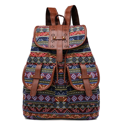 Elosung Diamond Pattern Bohemian Style Canvas Backpack Tribal Travel Bag With Leather Straps Women Backpacks