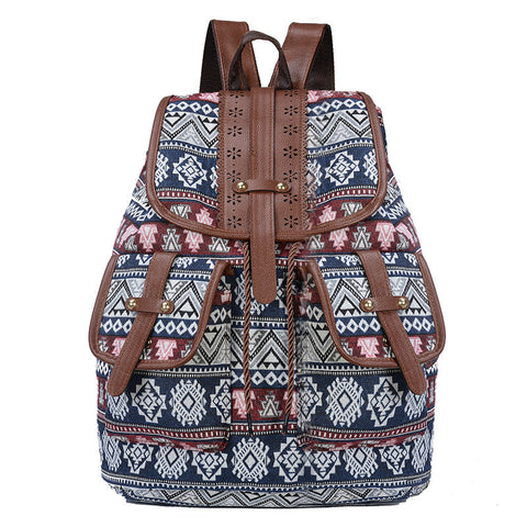 Elosung Bohemian Style Canvas Backpack Vintage Tribal Pattern Travel Bag With Leather Straps Women Backpacks