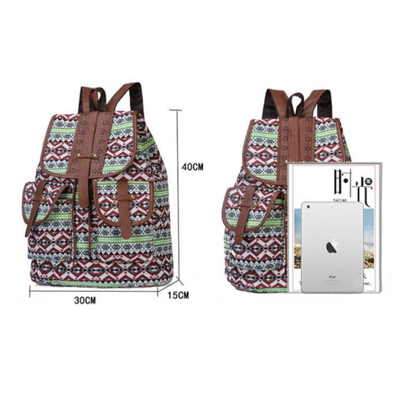 Elosung Bohemian Style Canvas Backpack Vintage Tribal Pattern Travel Bag With Leather Straps Women Backpacks