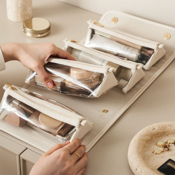 Elosung White Roll Up Travel Makeup Bag Compact Cosmetic Organizer With Multiple Compartments Makeup Bags & Cases