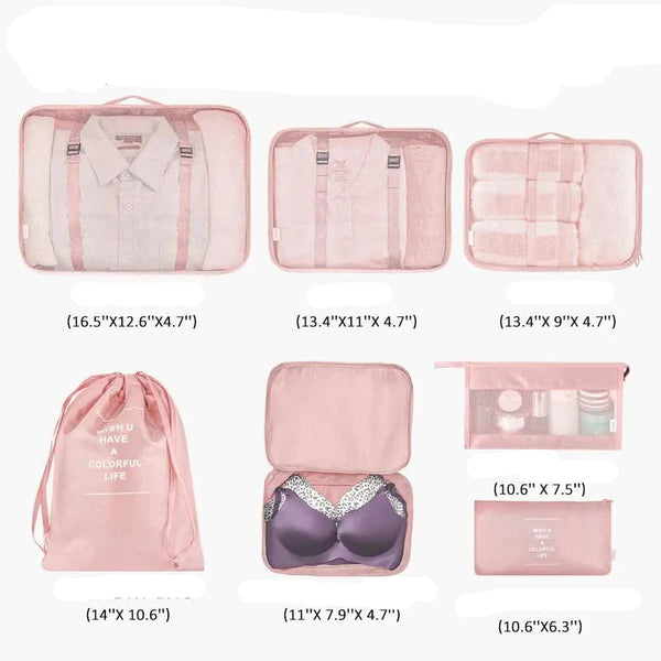 Elosung Beige Travel Packing Cube Set 7 Piece Luggage Organiser For Clothes Toiletries And Accessories Packing Organisers