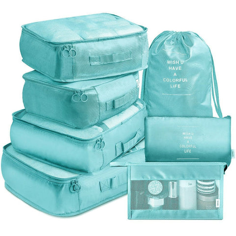 Light Blue Travel Packing Cube Set 7 Piece Luggage Organizer For Clothes Toiletries And Accessories Packing Organisers