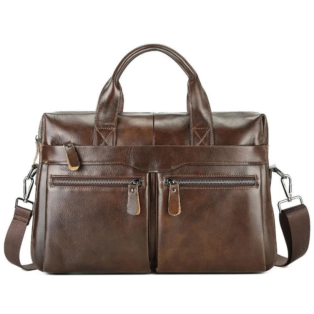 Elosung Coffee Brown Men's Genuine Leather Briefcase Classic Business Messenger Bag Bags