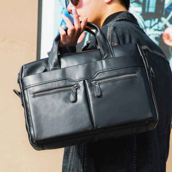 Elosung Coffee Brown Men's Genuine Leather Briefcase Classic Business Messenger Bag Bags