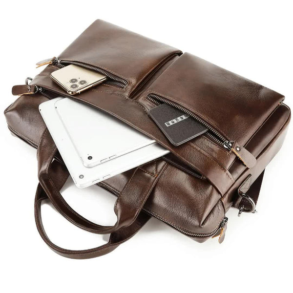 Elosung Coffee Brown Men's Genuine Leather Briefcase Classic Business Messenger Bag Bags
