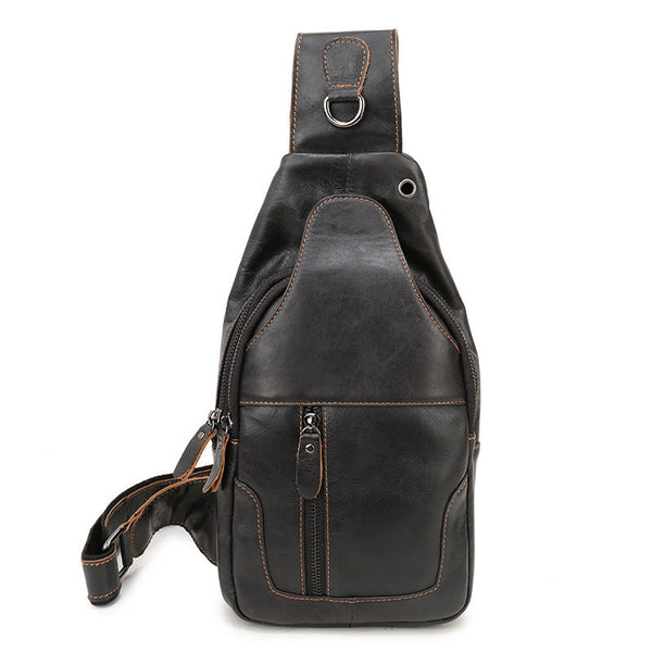 Elosung Black Men's Leather Sling Backpack Casual Crossbody Chest Bag Bags