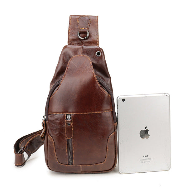 Elosung Brown Men's Leather Sling Backpack Casual Crossbody Chest Bag Bags