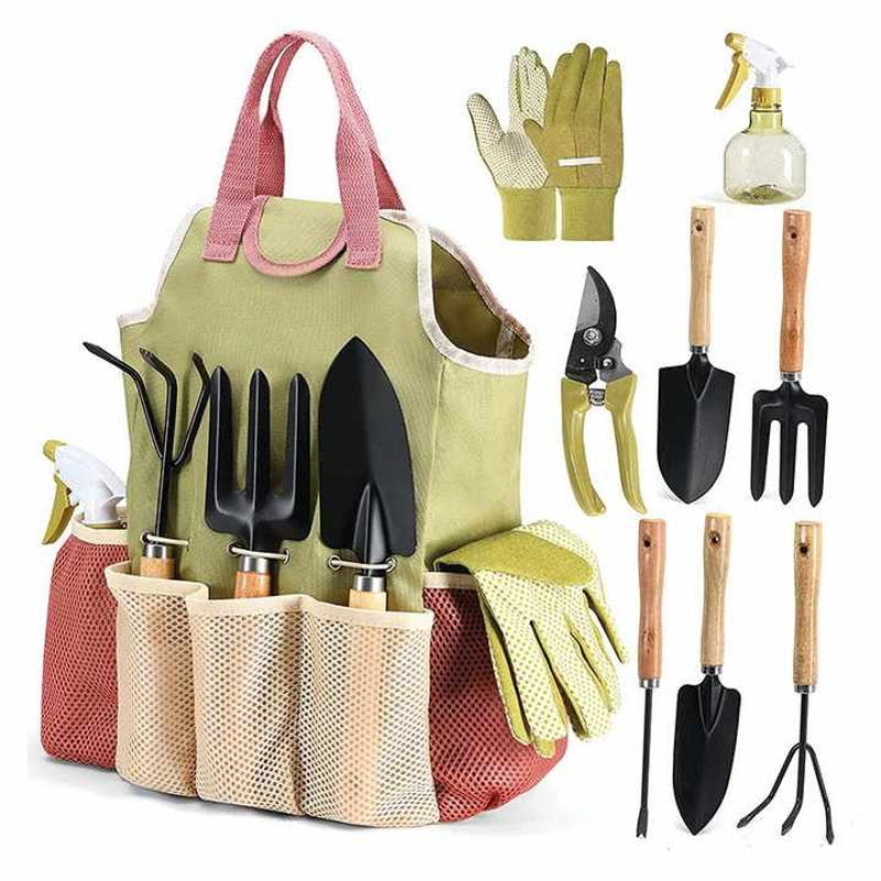 Elosung Pink Green 9 Piece Garden Tool Set With Storage Tote Heavy Duty Gardening Kit Garden Tool Sets