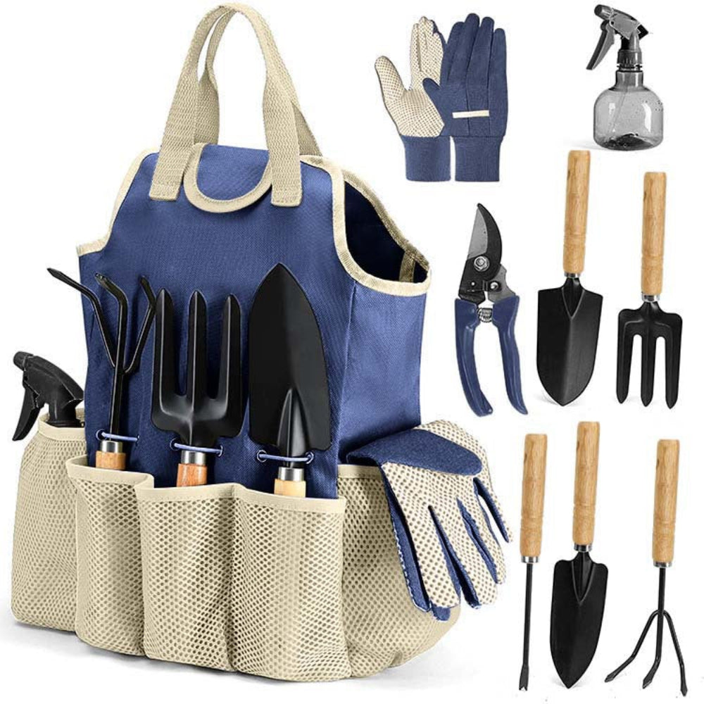Elosung Nevy Blue 9 Piece Garden Tool Set With Storage Tote Heavy Duty Gardening Kit Garden Tool Sets