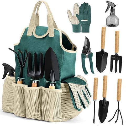 Elosung Green 9 Piece Garden Tool Set With Storage Tote Heavy Duty Gardening Kit Garden Tool Sets