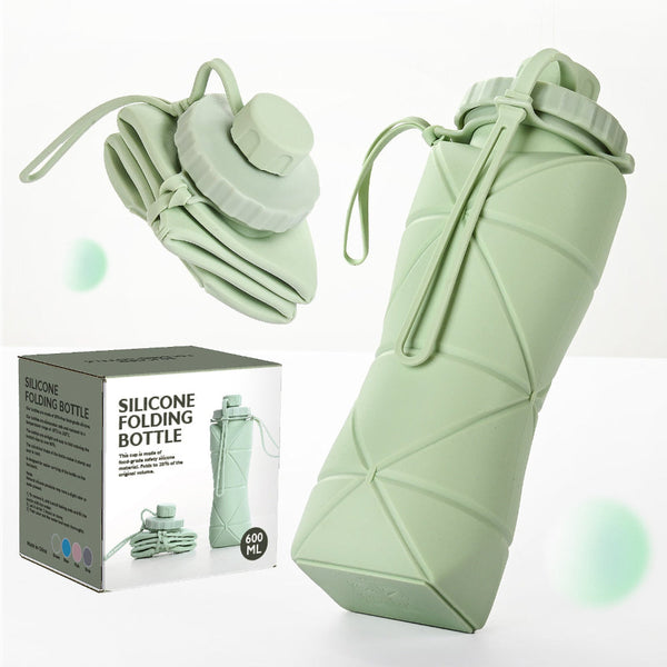 Green 600Ml Silicone Folding Water Bottle Eco Friendly Collapsible Travel Water Bottles