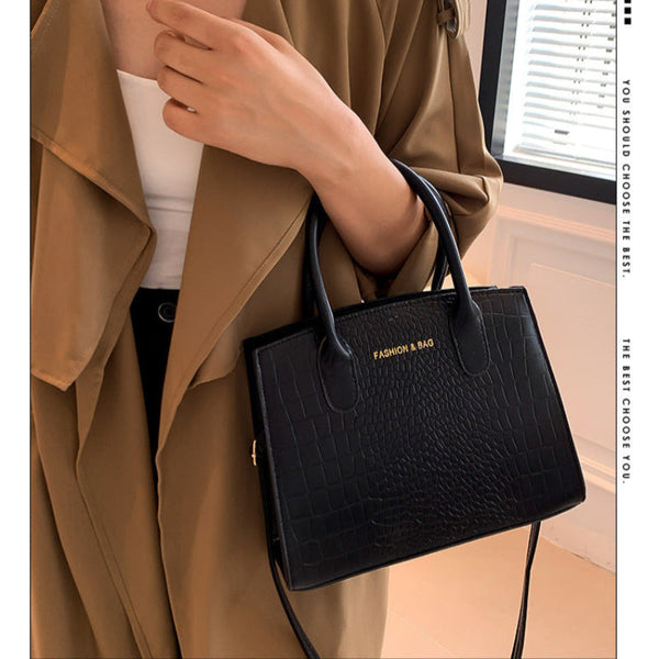 Elosung Black Elegant Faux Crocodile Leather Handbag Stylish Tote Bag With Adjustable Strap Women's Bags & Handbags