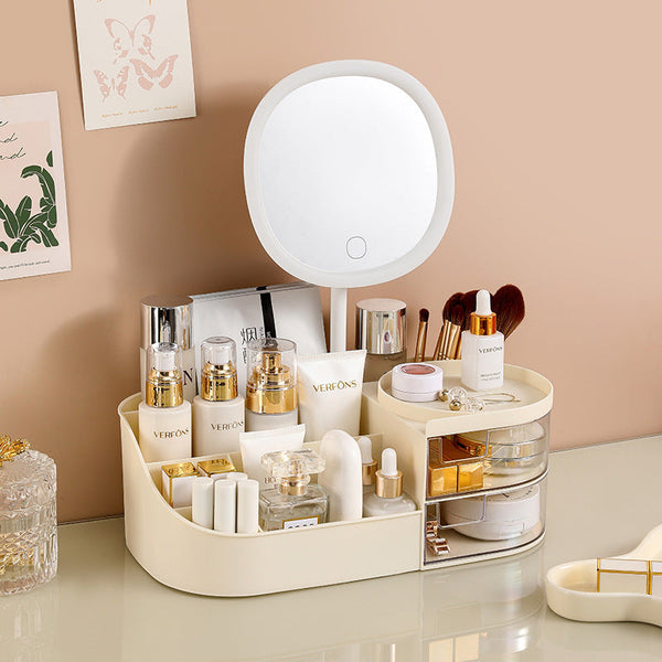 Elosung Cosmetic Storage Box Contains Mirror Cream White (28.5X16x10.5Cm) Makeup Bags & Cases