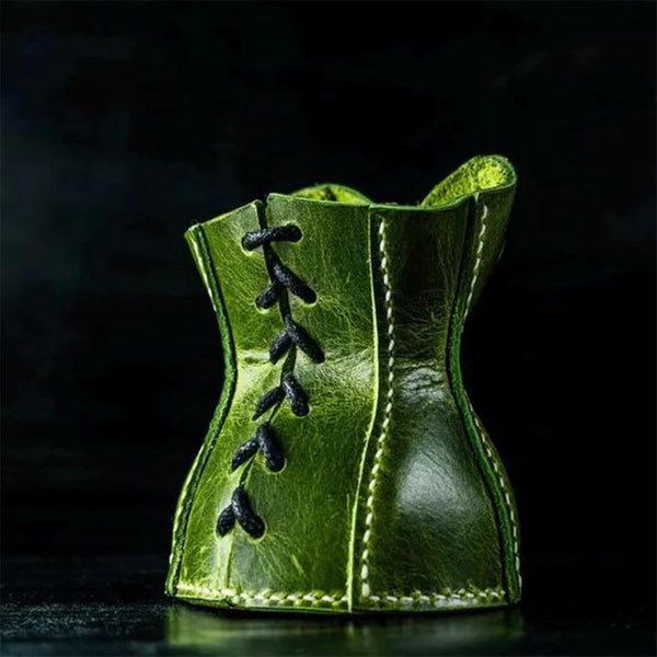 Elosung Green Leather Corset Pencil Holder Handmade Desktop Organizer Pencil Cases