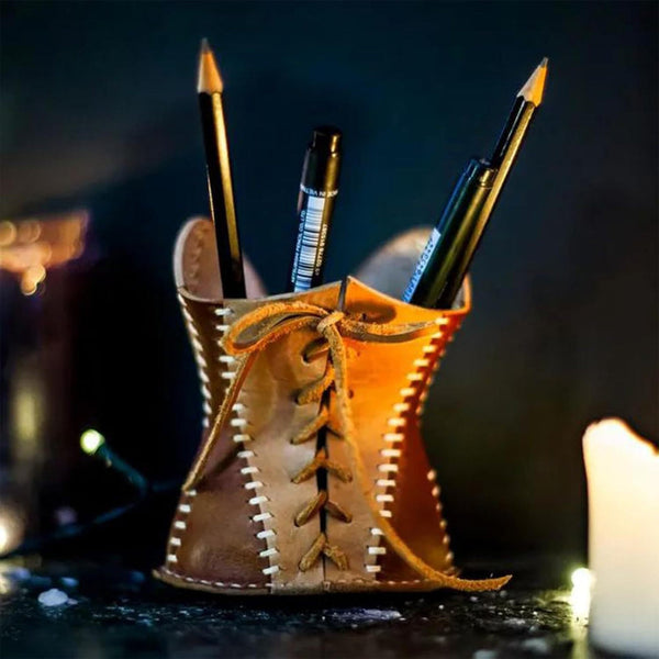 Elosung Green Leather Corset Pencil Holder Handmade Desktop Organizer Pencil Cases