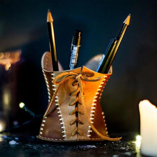 Elosung Yellow Leather Corset Pencil Holder Handmade Desktop Organizer Storage Boxes