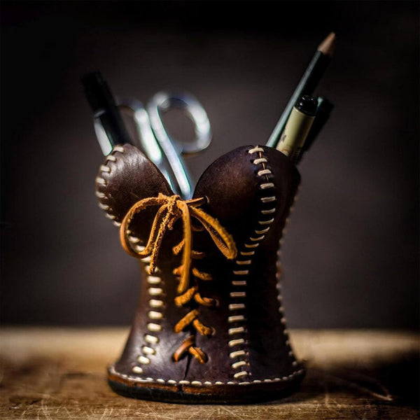 Elosung Brown Leather Corset Pencil Holder Handmade Desktop Organizer Pencil Cases