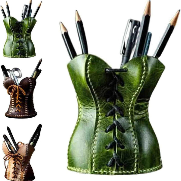 Elosung Brown Leather Corset Pencil Holder Handmade Desktop Organizer Pencil Cases