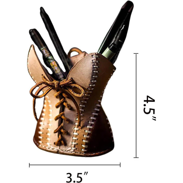 Elosung Brown Leather Corset Pencil Holder Handmade Desktop Organizer Pencil Cases