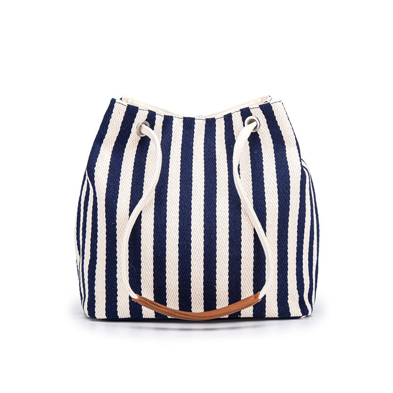 Elosung Blue Stripes Canvas Bucket Tote Bag With Leather Handle Women's Bags & Handbags