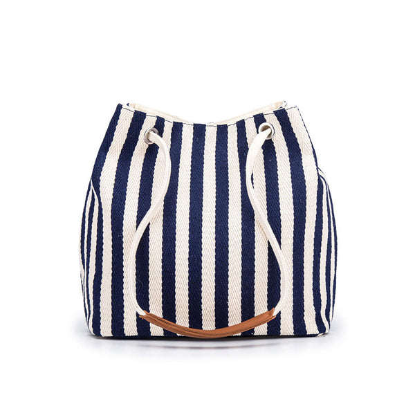 Elosung Blue Stripes Canvas Bucket Tote Bag With Leather Handle Women's Bags & Handbags