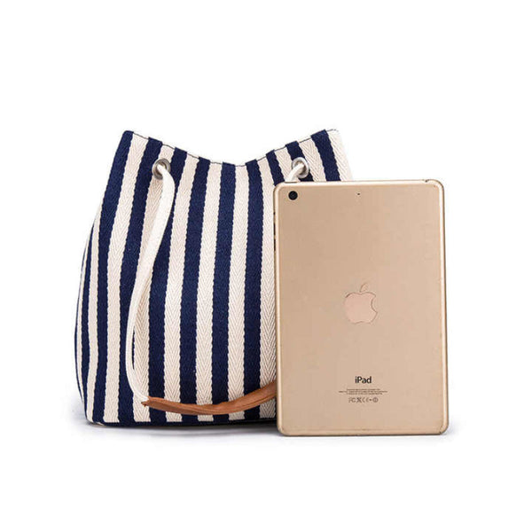 Women's Bags & Handbags Elosung Blue Stripes Canvas Bucket Tote Bag With Leather Handle