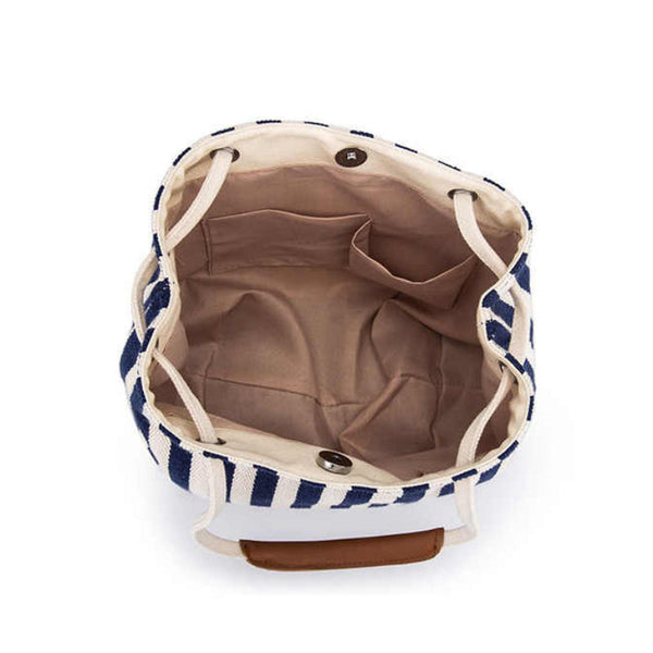 Elosung Blue Stripes Canvas Bucket Tote Bag With Leather Handle Women's Bags & Handbags