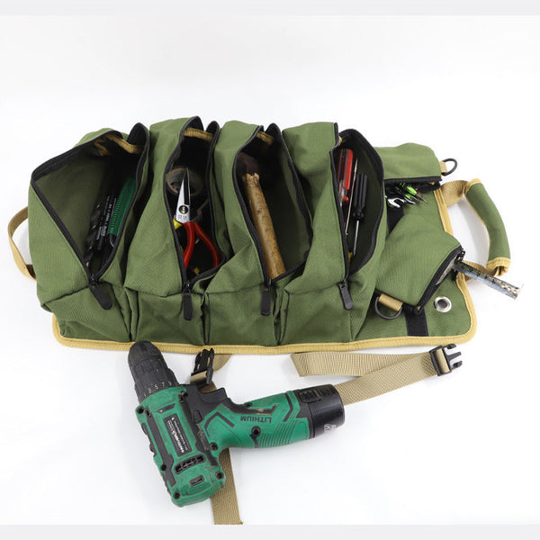 Green Roll Up Tool Organiser With Zippered Pockets Tool Bags Belts & Pouches