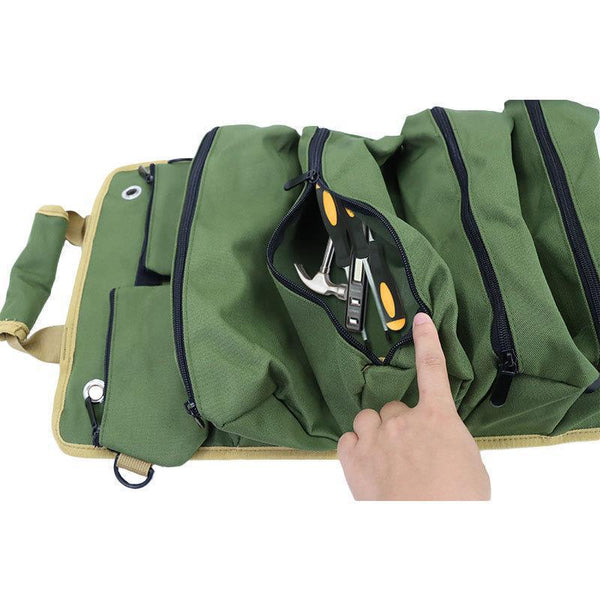 Green Roll Up Tool Organiser With Zippered Pockets Tool Bags Belts & Pouches