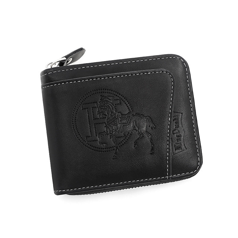 Elosung Black Men's Leather Wallet With Zipper And Horse Embossed Design Compact Stylish Wallets