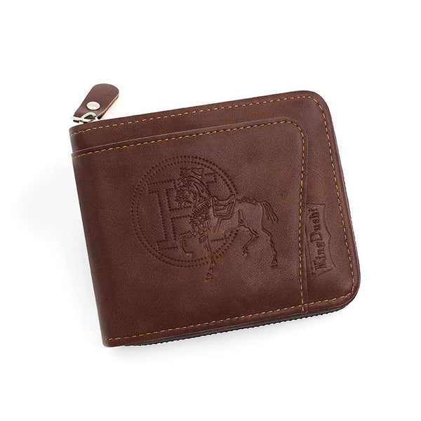 Dark Brown Men's Leather Wallet With Zipper And Horse Embossed Design Compact Stylish Wallets