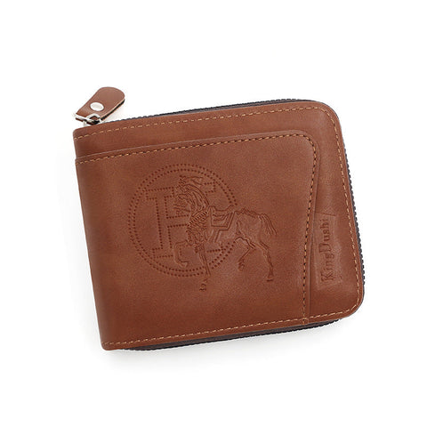 Elosung Brown Men's Leather Wallet With Zipper And Horse Embossed Design Compact Stylish Wallets