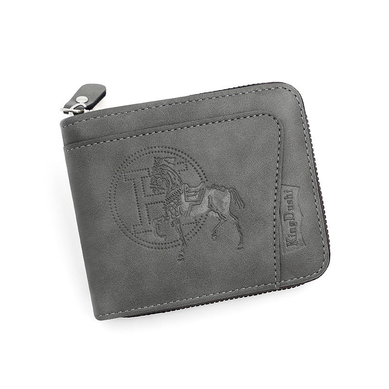 Grey Men's Leather Wallet With Zipper And Horse Embossed Design Compact Stylish Wallets