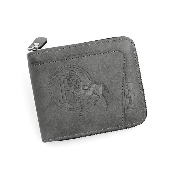 Grey Men's Leather Wallet With Zipper And Horse Embossed Design Compact Stylish Wallets