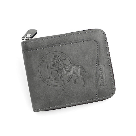 Grey Men's Leather Wallet With Zipper And Horse Embossed Design Compact Stylish Wallets