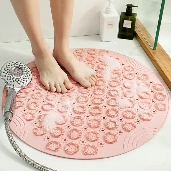 Pink Non Slip Round Shower Foot Scrubber Mat Soft Silicone Massage Pad For Cleaning Bath Brushes & Sponges
