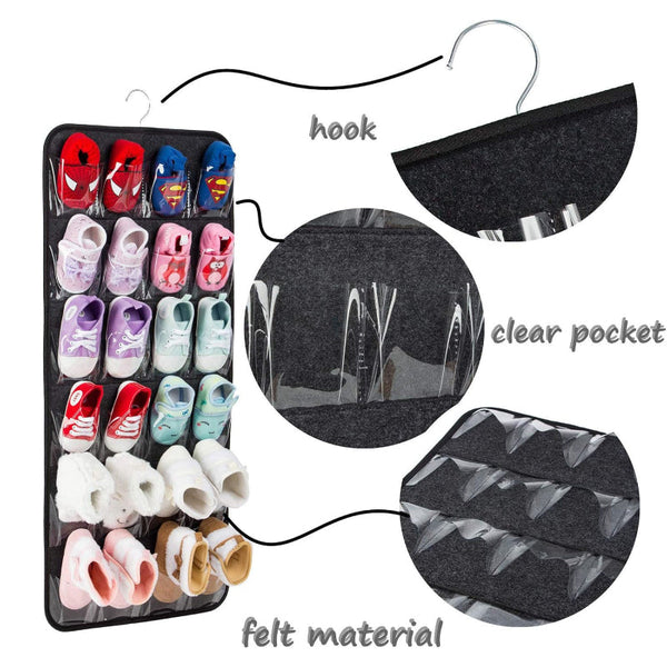 Dark Grey Hanging Felt Shoe Organizer With 24 Clear Pockets Anti Rust Metal Hanger Included Perfect For Shoes Toys Accessories Shoe Organisers