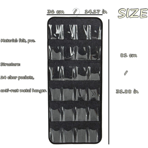Dark Grey Hanging Felt Shoe Organizer With 24 Clear Pockets Anti Rust Metal Hanger Included Perfect For Shoes Toys Accessories Shoe Organisers