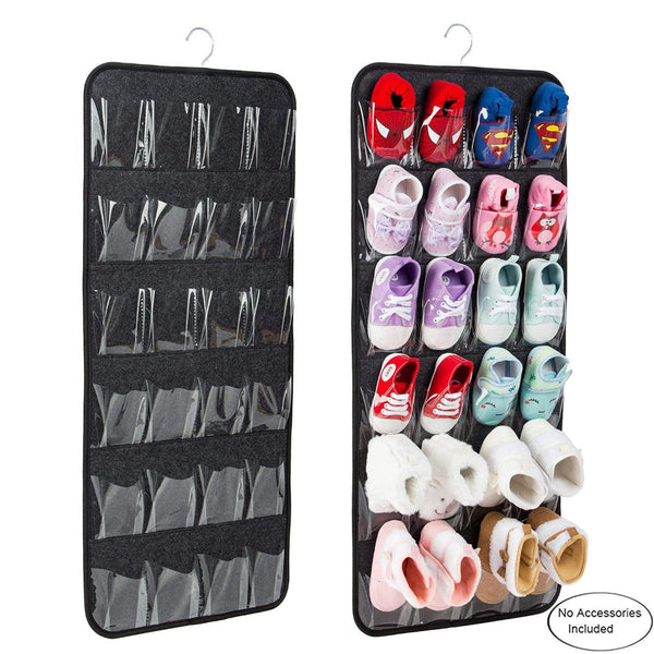 Elosung Grey Hanging Felt Shoe Organizer With 24 Clear Pockets Anti Rust Metal Hanger Included Perfect For Shoes Toys And Accessories Shoe Organisers