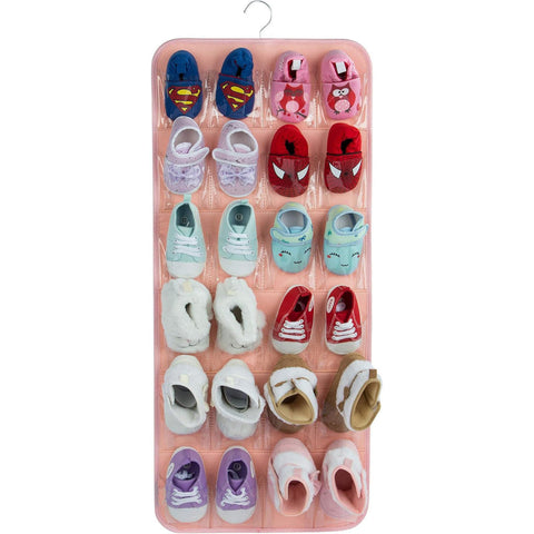 Elosung Pink Hanging Felt Shoe Organizer With 24 Clear Pockets Anti Rust Metal Hanger Included Perfect For Shoes Toys And Accessories Shoe Organisers