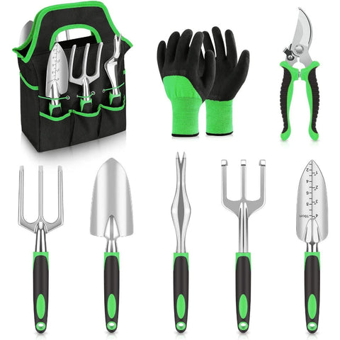 Green 8 Piece Heavy Duty Gardening Tool Set With Ergonomic Handles Storage Bag Garden Tool Sets