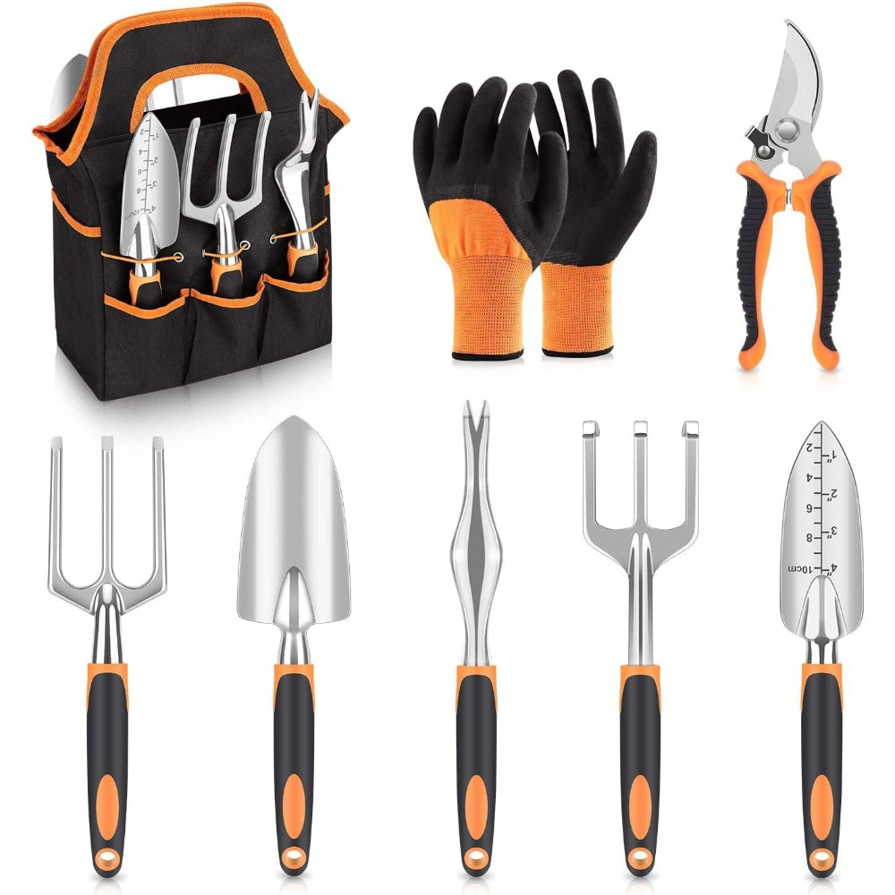 Orange 8 Piece Heavy Duty Gardening Tool Set With Ergonomic Handles And Storage Bag Garden Tool Sets